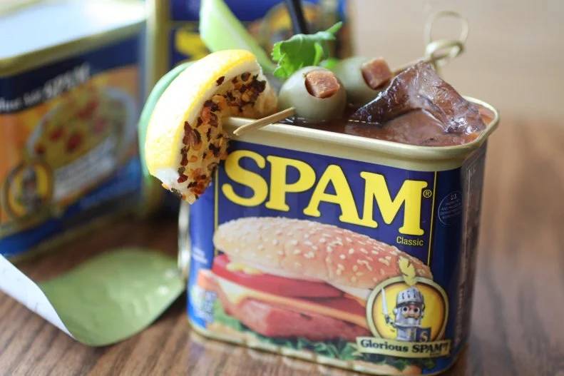 Spam often gets a bad rap, one that Hawaii native Mikala Brennan is out to dispel at her island-themed restaurant, where the umami pork product makes its way into several menu items. Diners can wash down plain or tempura-fried Spam musubi with the house Bloody Mary, a brunch special of vodka infused with both bacon and the canned lunchmeat. The spicy drink — amped up with Sriracha, Tabasco, chile water and passion fruit chile salt imported from Kauai — arrives in the signature blue tin with a spear of Spam-stuffed olives.