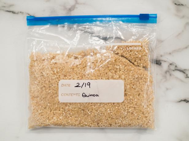Katie Lee shows how to pre-portion grains to prevent freezing in clumps, as seen on Food Network's The Kitchen