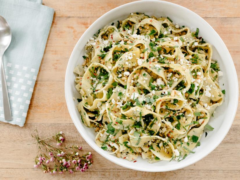 Molly Yeh's Homemade Herbed Pasta with Feta, Lemon and Pine Nuts, as seen on Girl Meets Farm, Season 3.