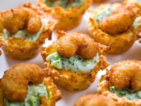 Cheesy Popcorn Shrimp Potato Nests
