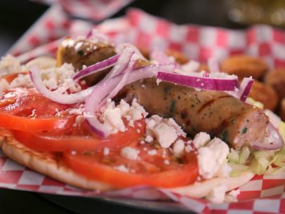 The Gyro Sausage as Served at Barley's BrewHub in Kennewick, Washington, as seen on Diners, Drive-Ins and Dives, Season 29.