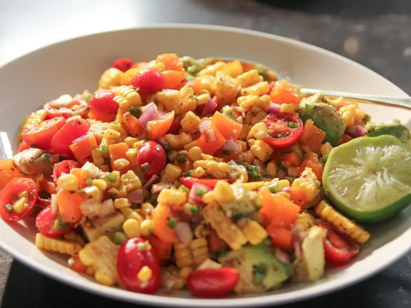Close-up of Fiesta Corn and Avocado Salad, as seen on Barefood Contessa: Back to the Basics, Season 16.