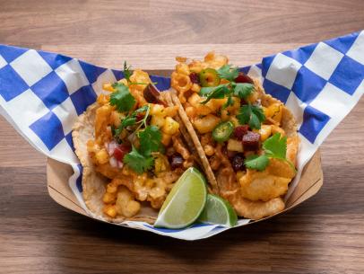 Host Tyler Florence's dish is Red Snapper fish taco with beet salsa and pin chili mayo, during the Main Dish, Tidal Wave, Fish Tacos, as seen on Worst Cooks in America, Season 16.