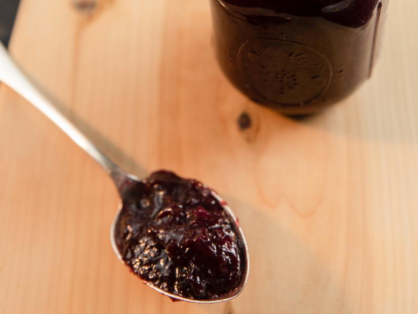 Close-up of Fresh Blueberry Rhubarb Jam, as seen on Barefoot Contessa: Back to the Basics, Season 16.