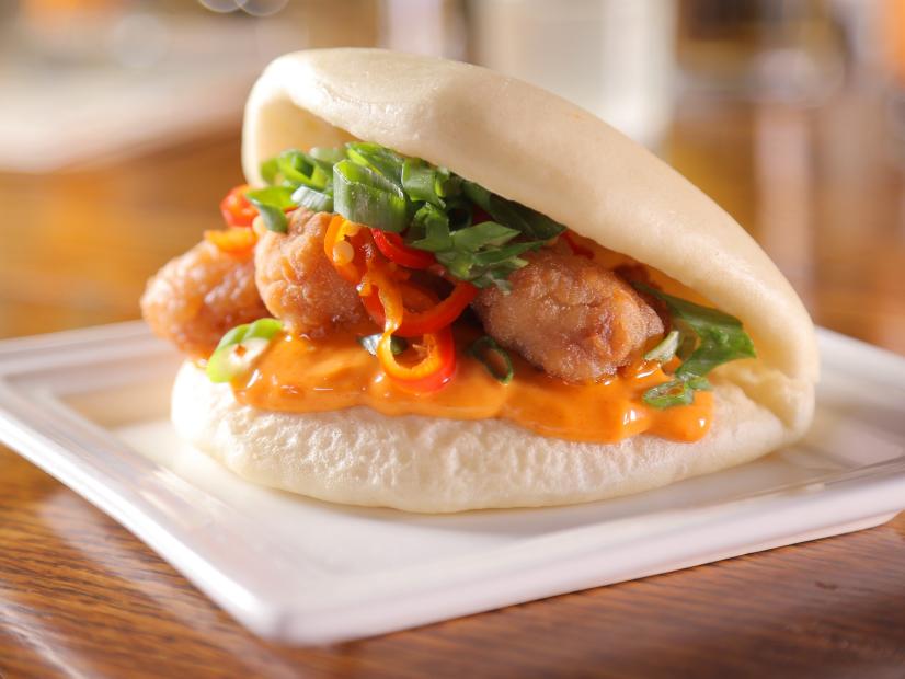 Mochiko Fried Chicken Bao as Served at Momona in Chico, California, as seen on Diners, Drive-Ins and Dives, Season 29.