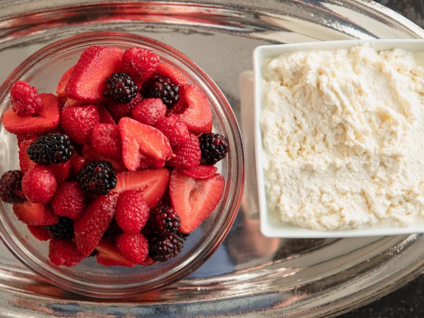 Close-up of Fresh Berries in Sweet Ricotta & Raspberry and Blackberry Sauce, as seen on Barefoot Contessa: Back to the Basics, Season 16.