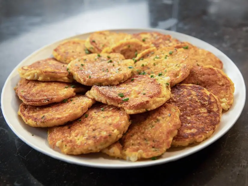 Close-up of Fresh Corn Pancakes, as seen on Barefoot Contessa: Back to the Basics, Season 16.
