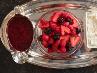 Close-up of Fresh Berries in Sweet Ricotta & Raspberry and Blackberry Sauce, as seen on Barefoot Contessa: Back to the Basics, Season 16.