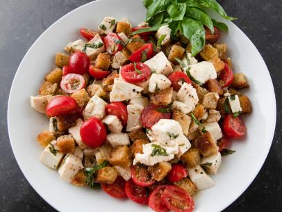 Close-up of Tuscan Tomato and Bread Salad, as seen on Barefoot Contessa: Back to the Basics, Season 16.