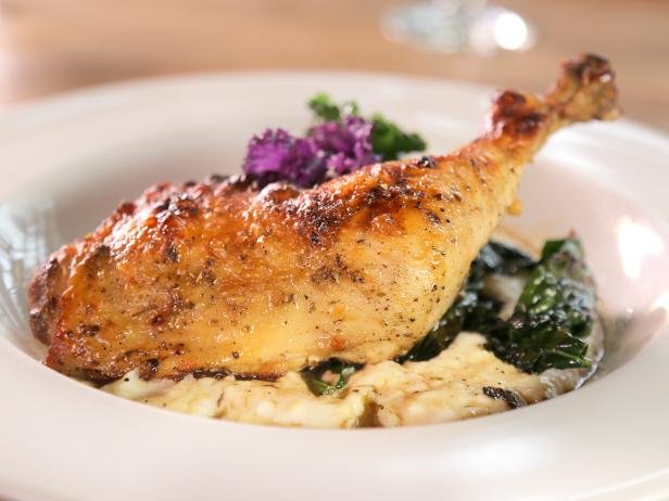 Braised Chicken Legs With Cheesy Polenta And Sauteed Greens Recipe Food Network