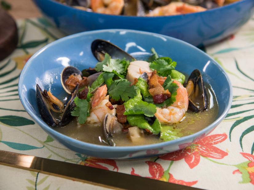 Geoffrey Zakarian makes Peruvian Seafood Stew with Cilantro Broth, as seen on Food Network's The Kitchen