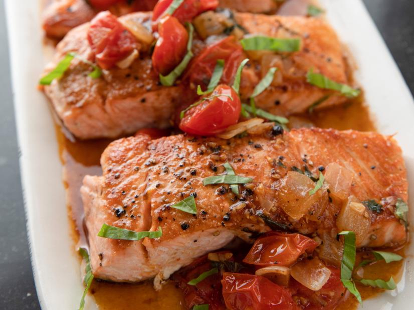 Close-up of Salmon and Melting Cherry Tomatoes, as seen on Barefoot Contessa: Back to the Basics, Season 16.