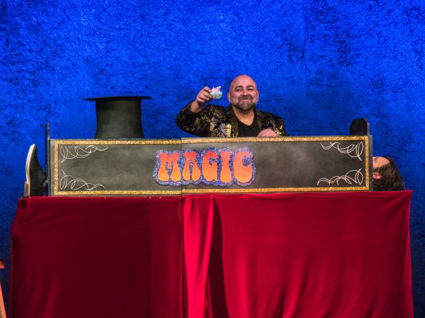 Host Duff Goldman and sous Geoff present their magic trick inspired birthday cakes for guest judges Penn & Teller at the Magic Castle in Los Angeles, as seen on Buddy vs Duff, Season 1