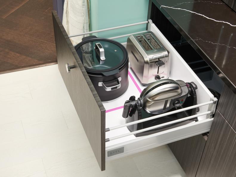 Cabinets To Go “Cool Storage Moments”, appliance garage large drawer, as seen on Food Network’s Fantasy Kitchen Sweepstakes 2019.