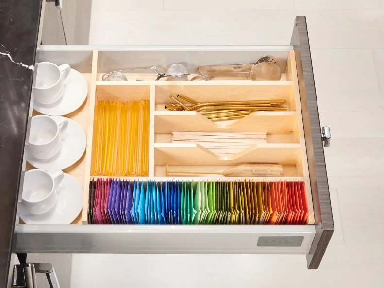 Cabinets To Go “Cool Storage Moments”, two-tiered tea drawer, as seen on Food Network’s Fantasy Kitchen Sweepstakes 2019.