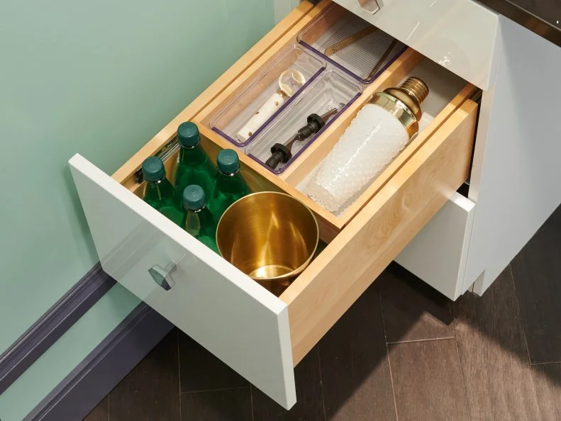 Cabinets To Go “Cool Storage Moments”, two-tiered bar drawer, as seen on Food Network’s Fantasy Kitchen Sweepstakes 2019.