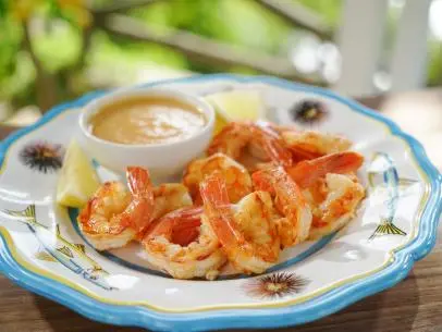 Food beauty of Giadas Grilled Shrimp with Peach Cocktail Sauce, as seen on Giada in Italy, Season 3.