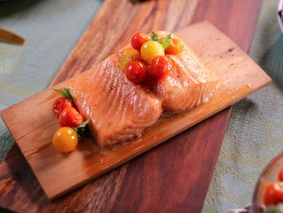 Cedar Plank Salmon with Grilled Cherry Tomatoes as seen on Valerie's Home Cooking, Season 9.