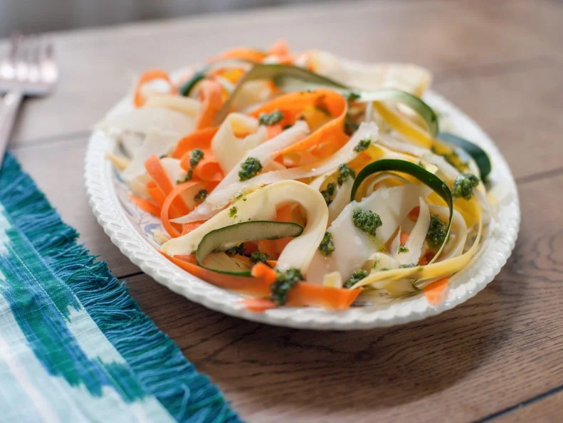 Close-up of “Veggie Ribbon Salad with Any Nut Herb Pesto”