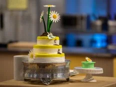 Completed dish of contestant Cory Barrett, Salted caramel macchiato entremet cake with coffee pastry cream, a caramel coffee mousse and a white chocolate glaze, as seen on Spring Baking Championship, Season 5.