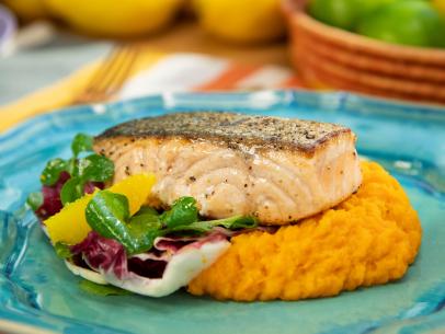 Jeff Mauro makes Crispy Skin Salmon with Smashed Sweet Potatoes and Radicchio Citrus Salad, as seen on Food Network's The Kitchen