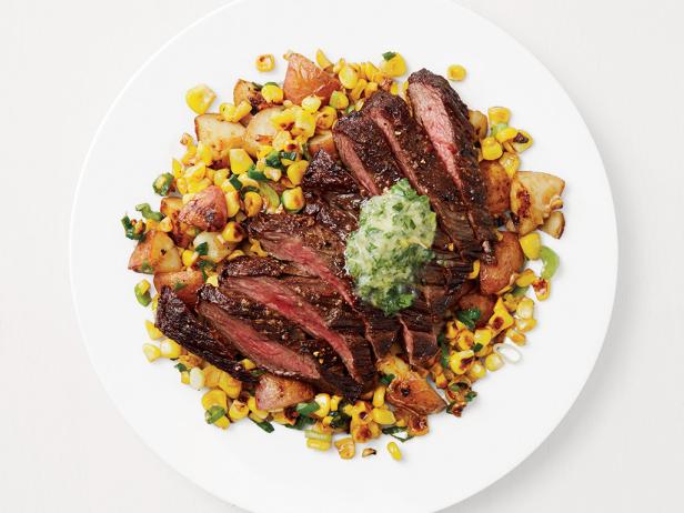 Steak, Corn and Potatoes with Garlic Butter image