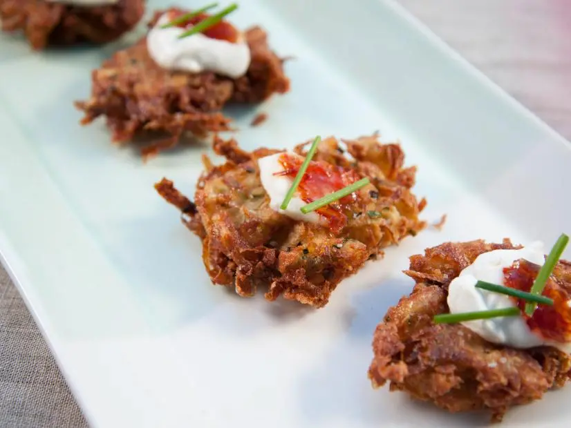 Close up of “Mini potato pancakes with sour cream and pepper jelly” ,as seen on Trisha's Southern Kitchen, Season 14.