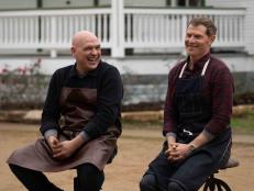 Chefs Bobby Flay and Michael Symon during judging of the BVM Challenge, as seen on BBQ BRAWL Flay V Symon, Season 1