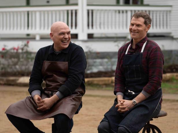 Chefs Bobby Flay and Michael Symon during judging of the BVM Challenge, as seen on BBQ BRAWL Flay V Symon, Season 1