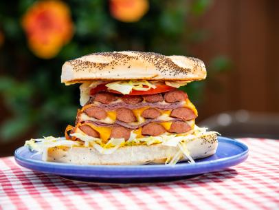 Jeff Mauro makes his Grilled Triple Decker Hot Dog Sandwich, as seen on Food Network's The Kitchen