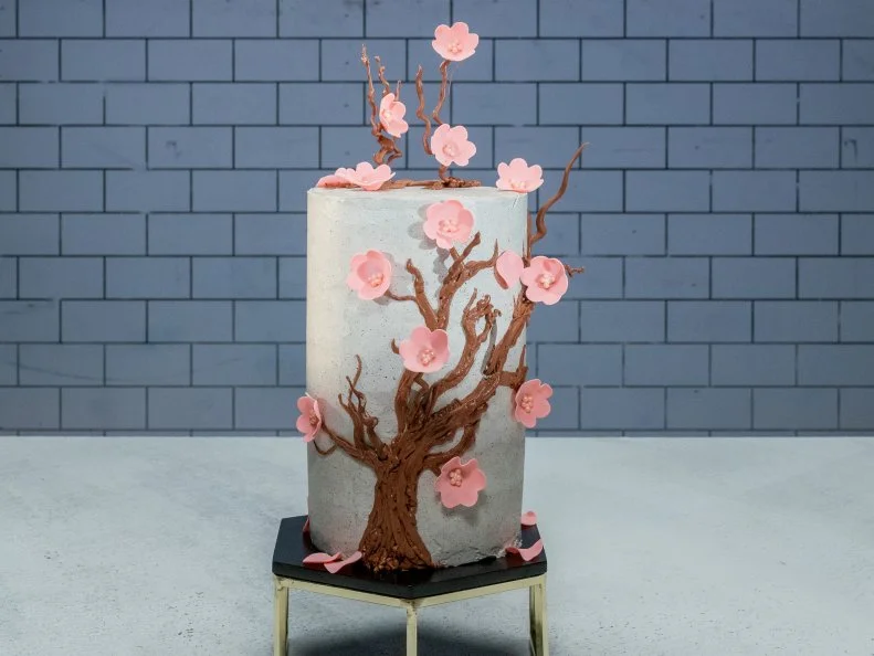 Contestant Joshua Livsey's cake is Matcha green tea chiffon cake, yuzu cream, vanilla white chocolate halva, ganache, and black sesame buttercream, during the Master Challenge, as seen on Best Baker in America, Season 3.