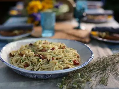 Homemade Pici Pasta with Carbonara Sauce as seen on Valerie's Home Cooking, Season 9.