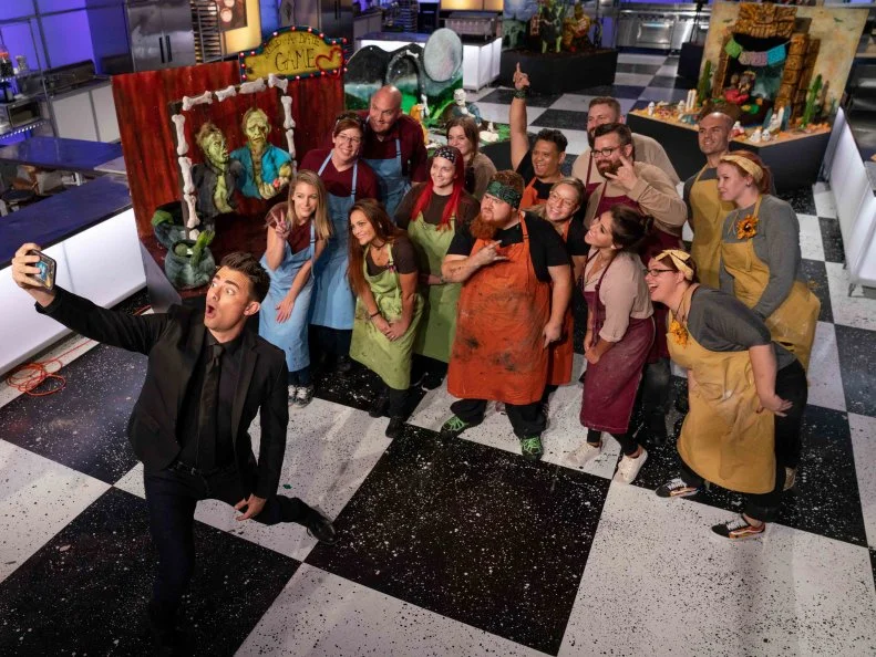 Host Jonathan Bennett with teams, Buttercream Beasts, Malicious Mavens, Trio of Terror, Burned at the Cake and Frosted Freakshow, as seen on Halloween Wars, Season 9.
