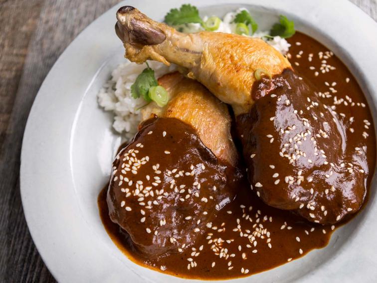 Lacquered Chicken in Red Mole Recipe | Rick Bayless | Food Network