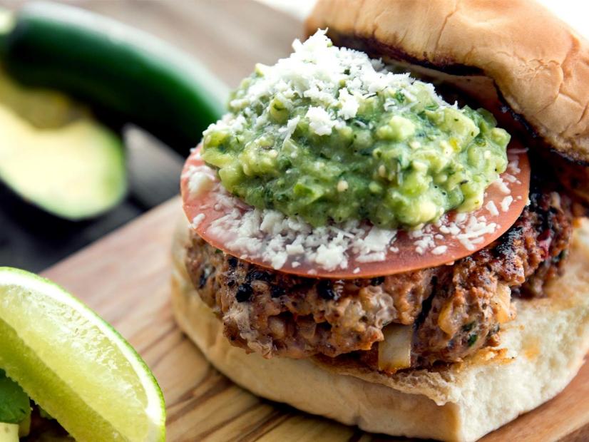 Chorizo Burgers With Tomatillo Avocado Salsa Recipe Andrew Zimmern Food Network