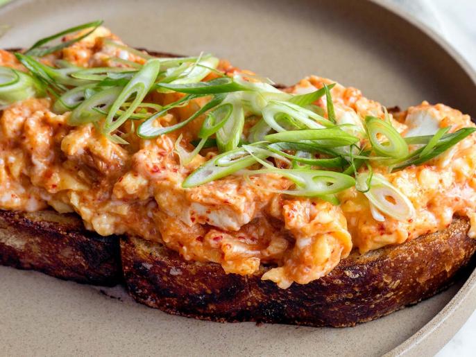 Kimchi Scrambled Eggs on Toast Recipe Michael Lewis Food Network