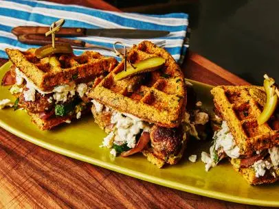 Eddie Jackson's Falafel Waffle Sandwich for Aidells, as seen on Food Network.
