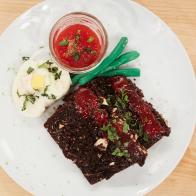 Contestant Cole Frederickson's Main Heat dish, Meatloaf with Coffee Chocolate Cake "Meatloaf", Strawberry Coulis "Ketchup", Hazelnut Banana Buttercream "Mashed Potatoes", and Green Modeling Chocolate "Green Beans", as seen on Food Network's Kids Baking Championship, Season 3.