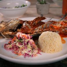 The Fried Whole Fish as Served at Jarocho Authentic Mexican Seafood in Kansas City, Kansas, as seen on Diners, Drive-Ins and Dives, Season 30.