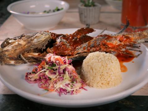 Fried Whole Fish, Chipotle Sauce, Rice, and Mexican Slaw