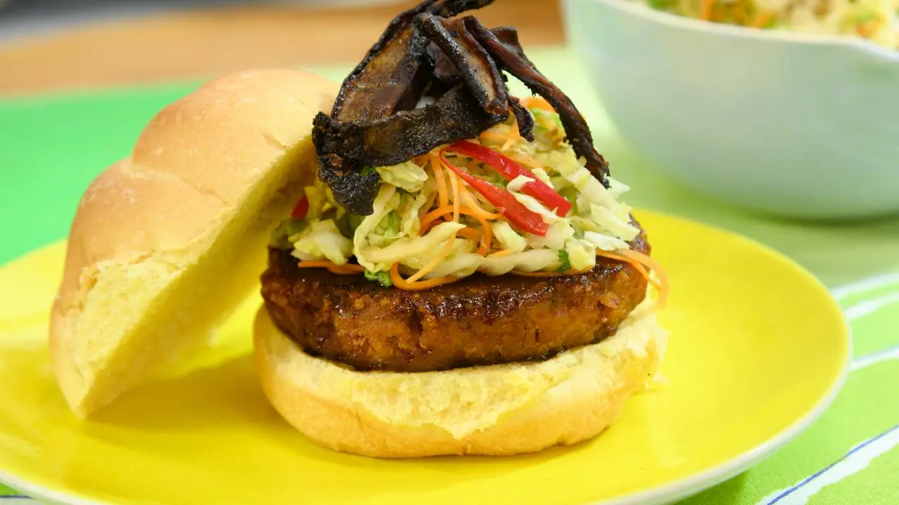 Asian Style Veggie Burger with Portobello Bacon and Napa Slaw