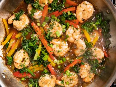 Close-up of Shrimp and Bell Pepper Stirfry, as seen on The Pioneer Woman, Season 23.