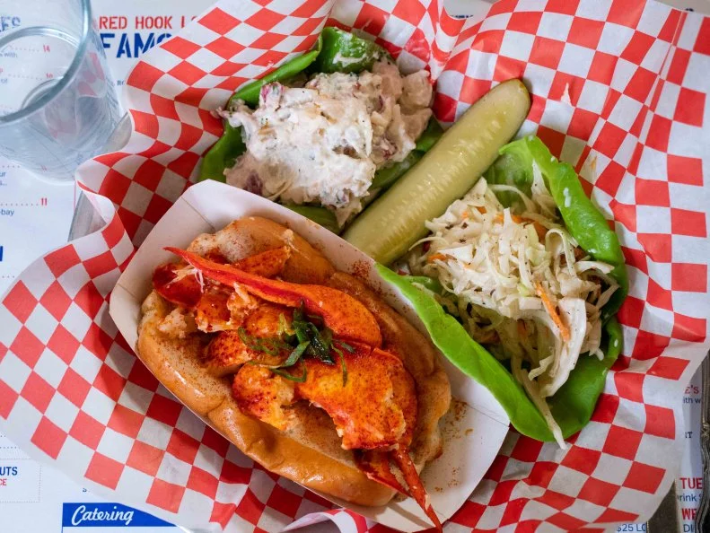 The Connecticut, Lobster poached in butter and lemon with coleslaw and potato salad, at Red Hook Lobster Pound in Green Point Brooklyn, as seen on Flay vs Flay, Season 1.