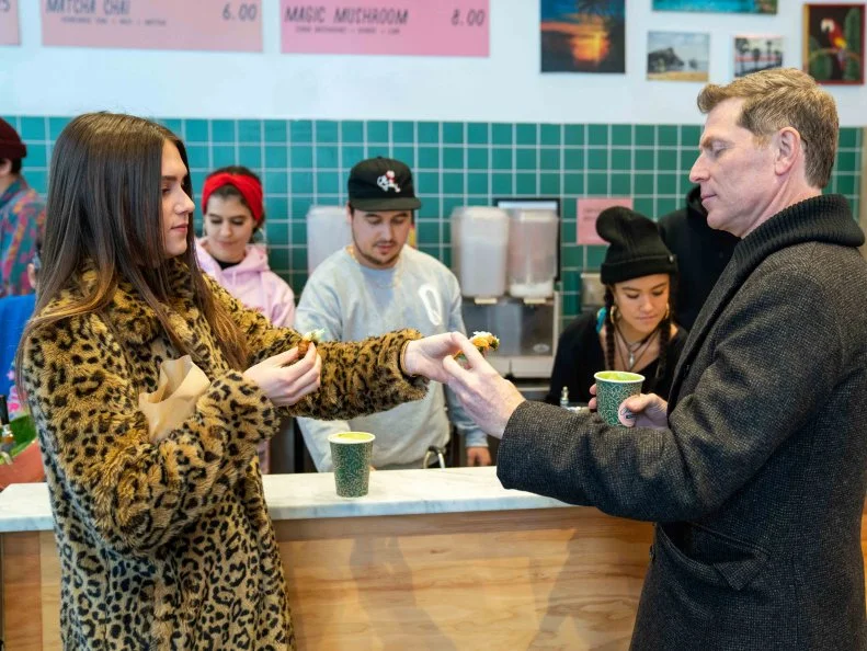 Hosts Sophie Flay and Bobby Flay sample Matcha Green Tea at Cha Cha Matcha in New York, as seen on Flay vs Flay, Season 1.