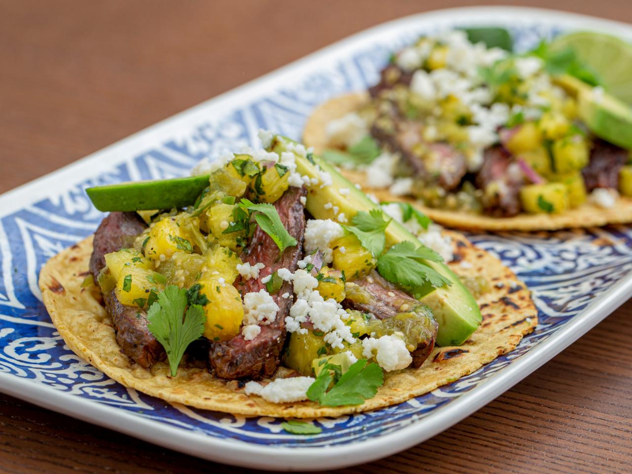 Grilled Marinated Skirt Steak Tacos with Pineapple Salsa and Tomatillo Sauce  Recipe