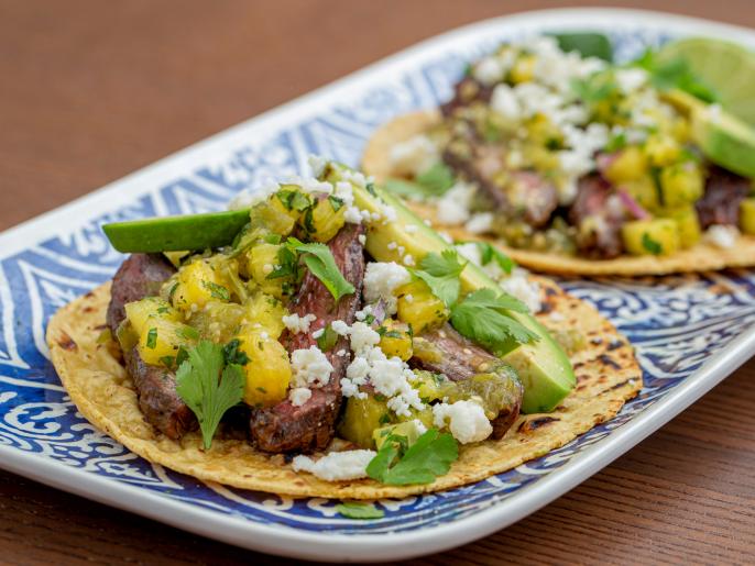 Grilled Marinated Skirt Steak Tacos with Pineapple Salsa and Tomatillo