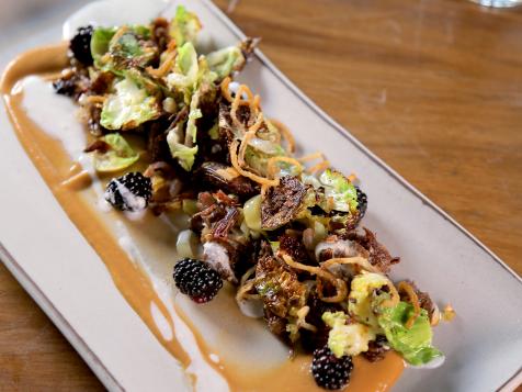 Crispy Lamb Neck Confit with Sunchoke Puree, Brussels Sprout Leaves, Blackberries and Yogurt