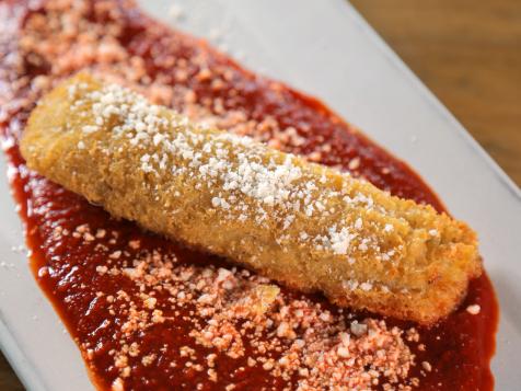Fried Organic Chicken Tamales with Red Chile and Cotija