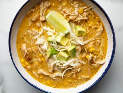 Close-up of Fast White Chicken Chili, as seen on The Pioneer Woman, Season 23.