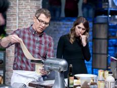 Guest host Sophie Flay meets with her dad and host Bobby Flay as he makes ravioli pasta from scratch, as seen on Beat Bobby Flay, Season 15.